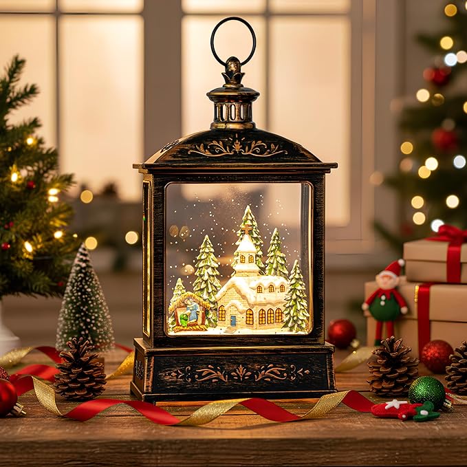 Christmas Snow Globe Lantern Water Glittering Churche & Manger Scene with Music & Timer, USB Lined/Battery Operated Lighted Lantern for Christmas Festival Decoration Gifts