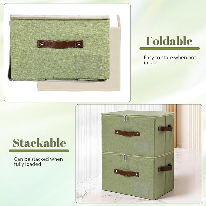 ANMINY Storage Bins with Zipper Lid Storage Boxes with Label Holder PU Leather Handles Washable Foldable Decorative Lidded Cotton Linen Fabric Cubes Baskets Closet Organizer - Green, Small