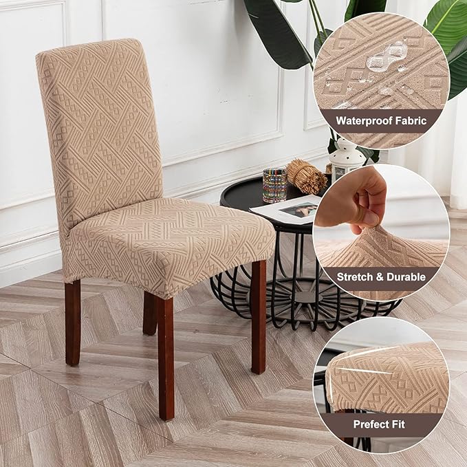 Genina Waterproof Dining Room Chair Covers Stretch Parsons Chair Slipcovers for Dining Room Kitchen Chair Protector Cover, Removable, Washable (2, Pattern1-Khaki)