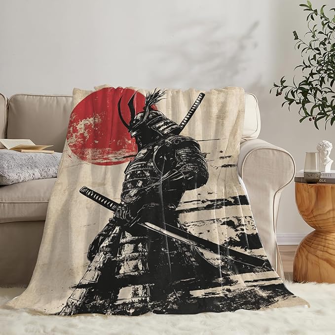 Tijuboni Japanese Samurai Throw Blanket Japanese Warrior Gifts for Men Women Girls Boys Kids Adults Soft Flannel Fleece Blanket for Couch Sofa Bed Home Decor 60"x80"