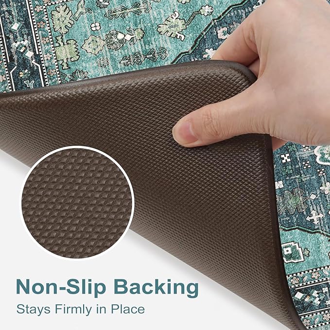 Collive Boho Kitchen Mats for Floor 2 Piece, Cushioned Anti Fatigue Kitchen Floor Mat Non-Skid Waterproof Under Sink Rug, Teal/Multi Comfort Standing Desk Rugs for Office, 17"x30"+17"x47"
