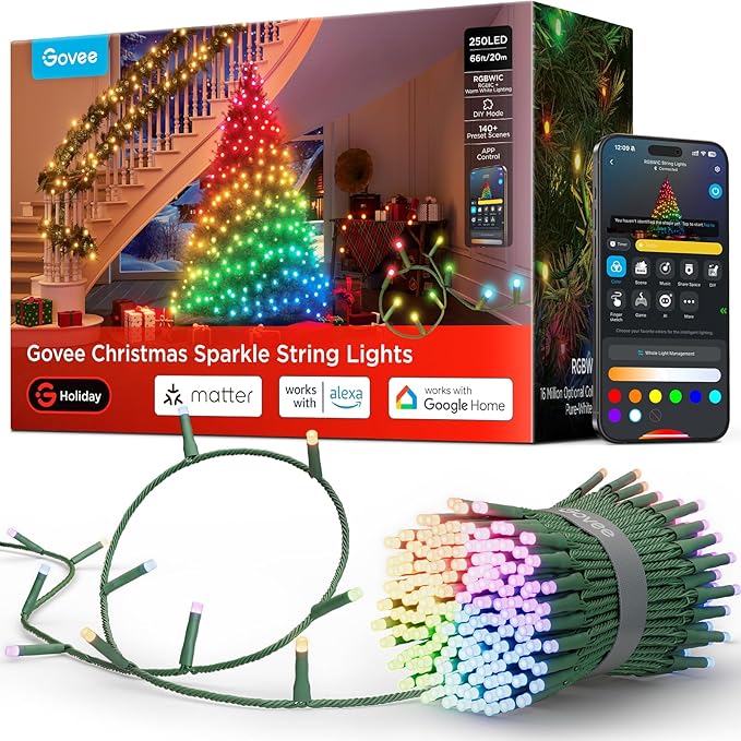 Govee Christmas Sparkle String Lights 66ft, RGBWIC String Lights with 250 Bullet-Head LEDs, App-Controlled, 140+ Scene Modes, 3D Shape Mapping, Music Sync, Works with Alexa, Indoor Holiday Decorations