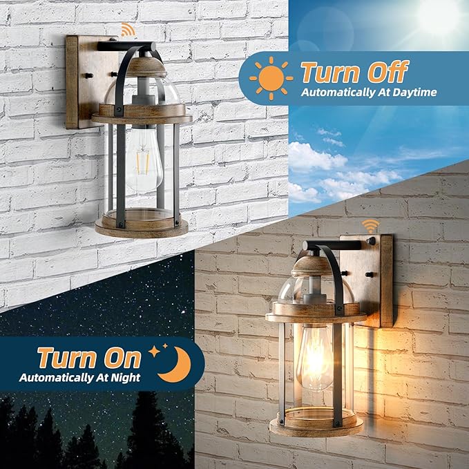 OKELI Dusk to Dawn Outdoor Wall Lights, Waterproof Lighting Fixtures Rustic Farmhouse Wall Lanterns with Clear Glass Shades Anti-Rust Outside Lights for Garage Patio Porch(Wood Grain, 2 Pack)