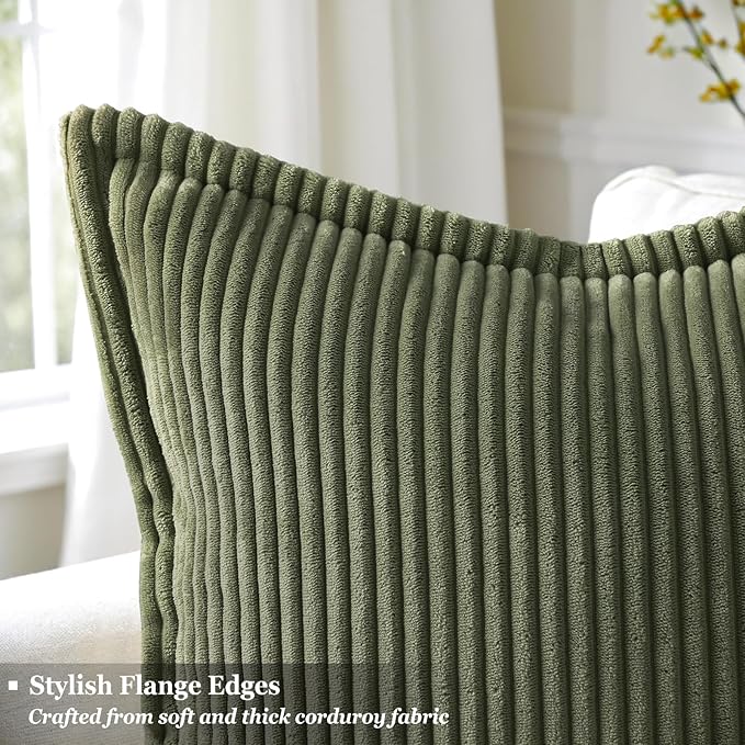 decorUhome Christmas Corduroy Olive Green Throw Pillow Covers 12x20 Set of 2 Decorative Soft Boho Farmhouse Lumbar Euro Couch Pillow Covers for Living Room Bed Sofa Broadside Striped Pillow Cases