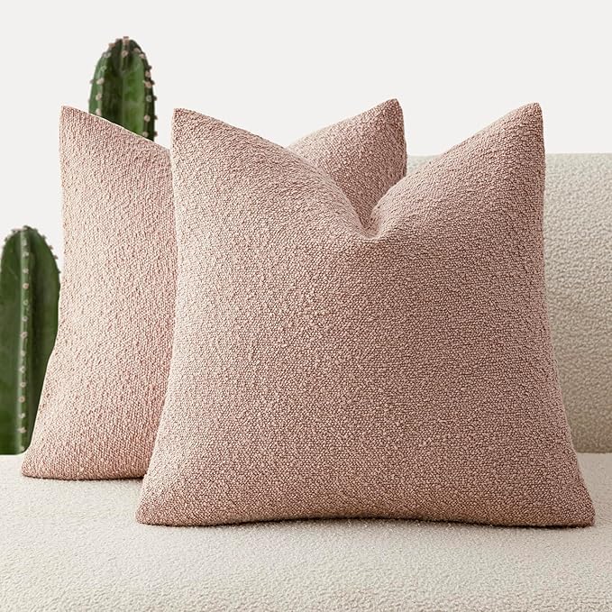 Foindtower Set of 2, Decorative Textured Boucle Throw Pillow Covers Accent Solid Pillow Cases Soft Cozy Couch Cushion Case for Chair Sofa Bedroom Living Room Home Decor 22 x 22 Inch Light Pink