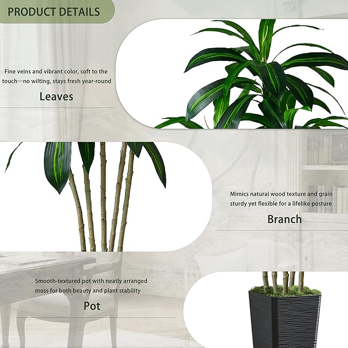 Artificial Dracaena Tree-6FT Tall Fake Plants with Black Tall Square Planter-Artificial Plants Indoor Floor Plant in Pot-Large Tropical Fake Yucca Potted Tree for Home Office Living Room Decor