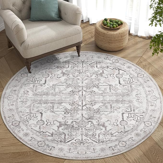 jinchan Lima Round Rug 5ft Vintage Machine Washable Area Rug Indoor Circle 5' Ultra-Thin Non-Slip Floral Print Carpet for Farmhouse Entryway Dining Room Living Room Bedroom Office (5'Round, Taupe)