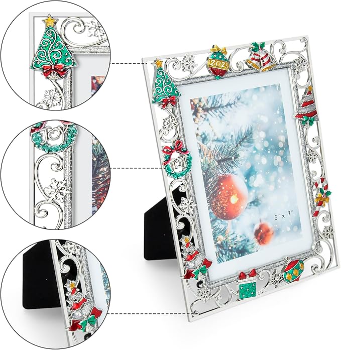 GUOER Picture Photo Frame 5x7 Inch Snowflake Christmas Metal Photo Display Photo Picture Frames with High Definition Glass Front Gift Ideas Tabletop Home Decorative (Christmas Tree 2025)