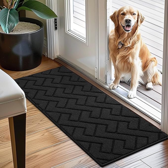 hicorfe Dirt Trapper Indoor Doormat,20"x48" Welcome Door mat,Non Slip Backing Washable Door Mats,Absorbent and Resistant Low-Profile Entrance Inside Floor Mat for Front Back Door,Entryway (Black)