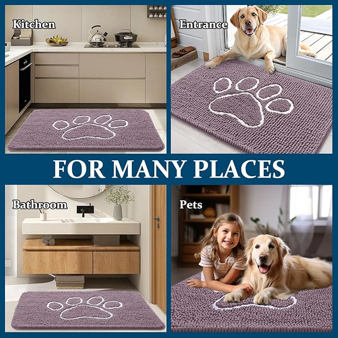 OLANLY Dog Door Mat for Muddy Paws 48x30, Paw Print Design, Absorbs Moisture and Dirt, Absorbent Non-Slip Washable Doormat, Quick Dry Chenille Mud Mat, Entry Indoor Entryway Carpet, Deep Plum