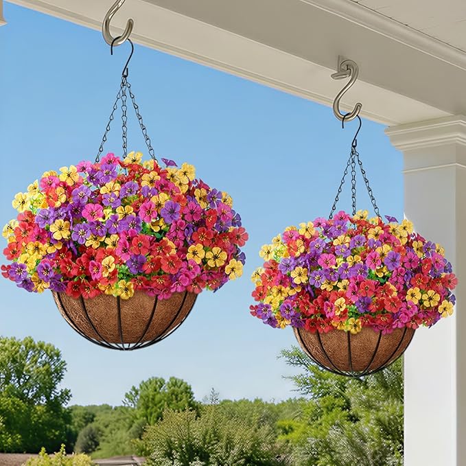 Lifewit Artificial Hanging Daisy Flowers Baskets for Outdoor Decor, 2 Sets for 24 Bundles, Plastic Fake Flowers for Indoor Garden Porch Patio Balcony, Mix for Fuchsia Purple Yellow Red