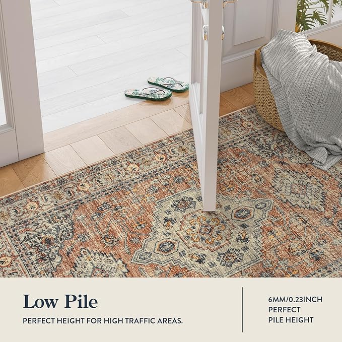 Lahome Oriental Washable Runner Rug Non Slip, 2x7 Rug Runners for Hallways Non Slip Vintage Ultra-Thin Soft Long Carpet for Kitchen Laundry Room Bedroom, Peach/Orange