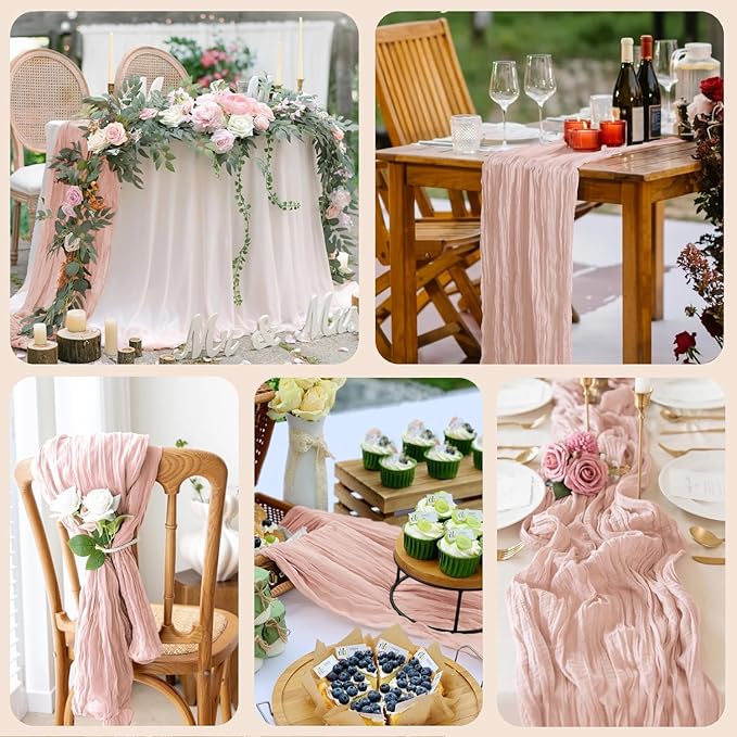 Wokceer Cheesecloth Table Runner Valentine's Day Dusty Pink 10FT Boho Gauze Wedding Cheese Cloth Table Runner for Party 120 Inches Long Easter Rustic Sheer Runners for Baby Bridal Shower Decor