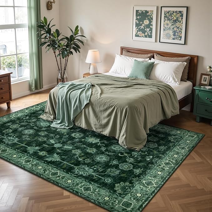 Tangsoo 5x7 Green Area Rug for Bedroom Living Room, Washable Vintage Floral Rug Non Slip,Low Pile Stain Resistance Distressed Retro Indoor Boho Carpet for Laundry Farmhouse Dinning Room Mat Home Decor