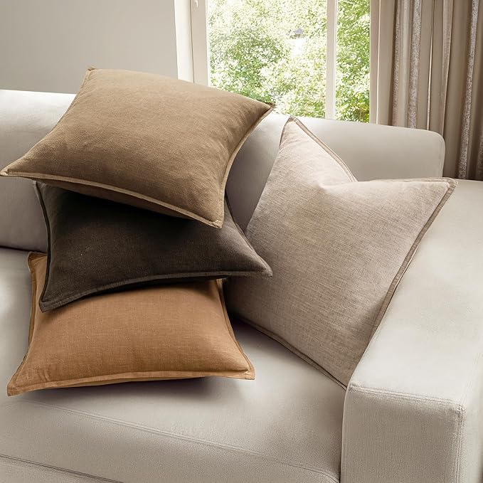 MIULEE Neutral Brown Linen Pillow Covers Pack of 4 Decorative Natural Solid Fall Throw Pillow Covers Soft Accent Boho Farmhouse Couch Pillowcases Modern Home Decor for Living Room Bed Sofa 18x18 Inch