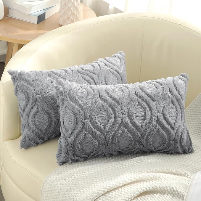 decorUhome Throw Pillow Covers 12x20 Inch Set of 2, Soft Plush Faux Wool Grey Solid Couch Pillow Covers, Accent Farmhouse Neutral Lumbar Pillow Cases for Sofa Bed Living Room