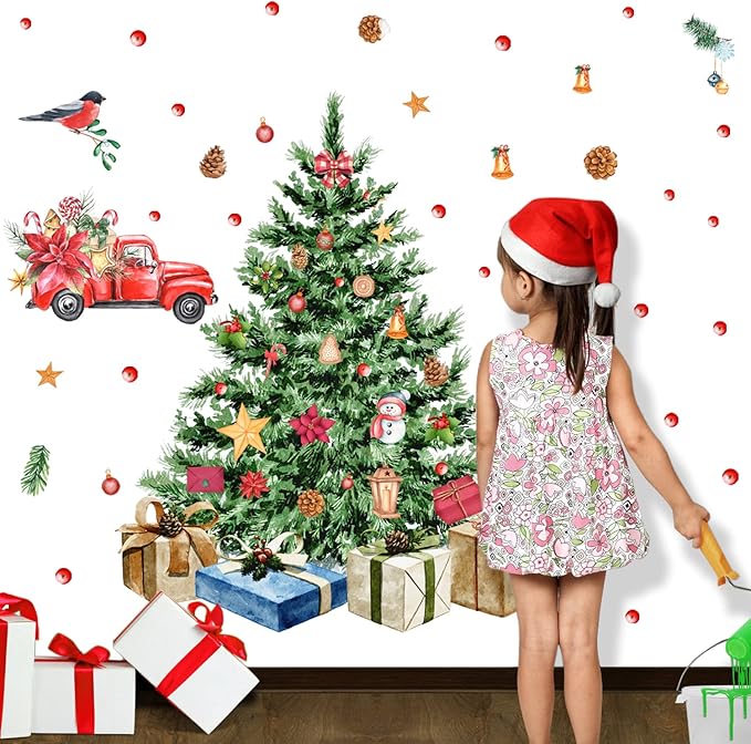 Large Christmas Tree Wall Decals Merry Christmas Wall Stickers Christmas Truck Wall Decals Peel and Stick,Watercolor Pine Tree Stickers for Window Decor Living Room Kids Room Gift Xmas Party Supplies