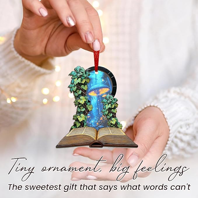 GEEMBI Book Lovers Gifts for Women - 2D Flat (Not 3D) Suncatcher Mushroom Christmas Ornaments 2025 - Bookish Gift for Readers Librarian, Christmas Ornament Gifts for Teacher, Fantasy Xmas Decorations