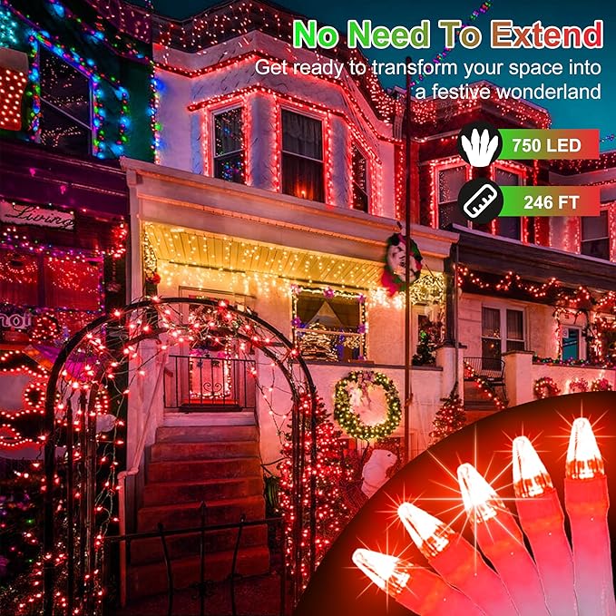 750 LED Christmas Lights Outdoor Use, 246ft 8 Lighting Modes Fairy Lights for Outside, Christmas Tree Lights Outdoor IP44 Waterproof for Xmas Patio Yard Fence Deck Balcony Garden Decor Red