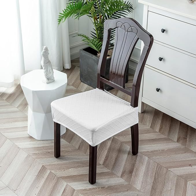 Genina Waterproof Seat Covers for Chairs,Set of 2 Dining Room Chair Seat Covers for Kitchen,Stretch Jacquard Removable Washable Dining Chair Slipcovers Protectors with Rear Covers, White