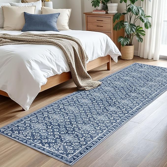 Vintage Washable 2x8 Runner Rug Non Slip, Denim Blue White Hallway Runner Rug, Super Soft Kitchen Runner Rug, Printed Faux Wool Thin Carpet Runner for Entryway Indoor Laundry Room Bedroom