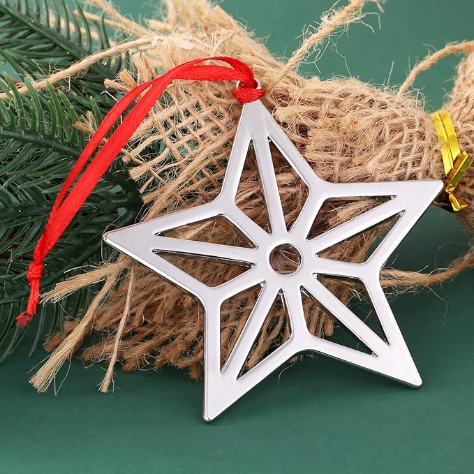 Set of 6 Christmas Hanging Ornaments,Silver Star Christmas Ornament for Xmas Tree Decor, Christmas Tree Ornament-Snowflake Reindeer Snowman Christmas Tree Ornament Gift (6, Star)