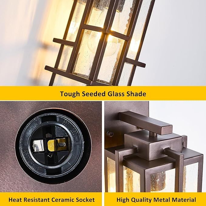 Outdoor Wall Light Fixture with Seeded Tempered Glass, Waterproof Outside Wall Coach Lantern with E26 Sockets, Brown Large Porch Sconces Lamp for House, Patio, Garage