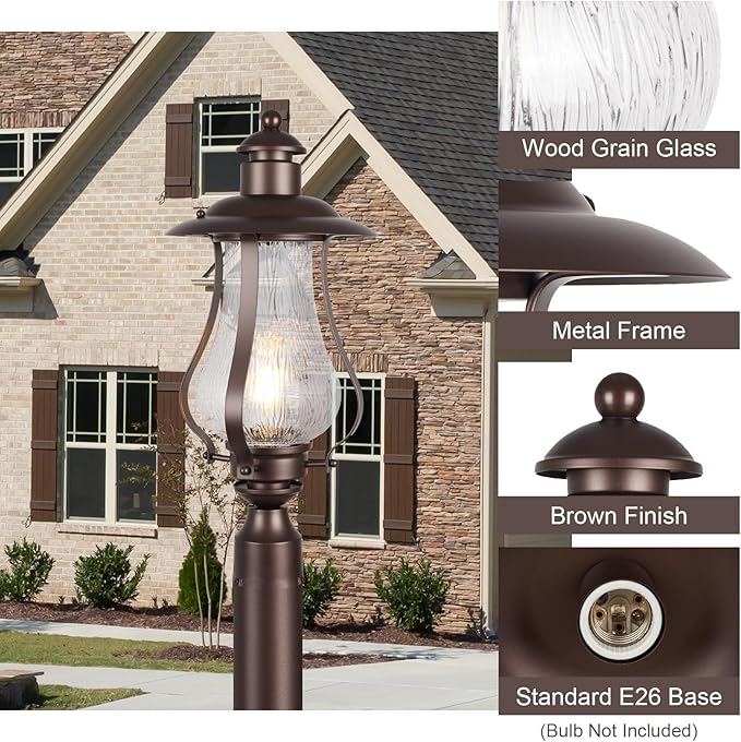 Treekee Outdoor Post Light Fixture, Vintage Brown Pole Lantern with Wood Grain Glass, Farmhouse Exterior Post Lamp with E26 Socket for Garden, Pathway, Patio, Porch, Courtyard, Driveway, Street