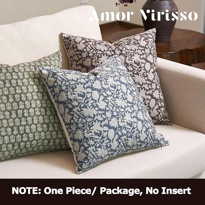 Amor Virisso Floral Throw Pillow Covers 24x24 Couch Pillows for Living Room Bed Block Print Decorative Accent Throw Pillow Covers Farmhouse Neutral Pillow Covers Sofa Pillows 1PC, Dusty Blue