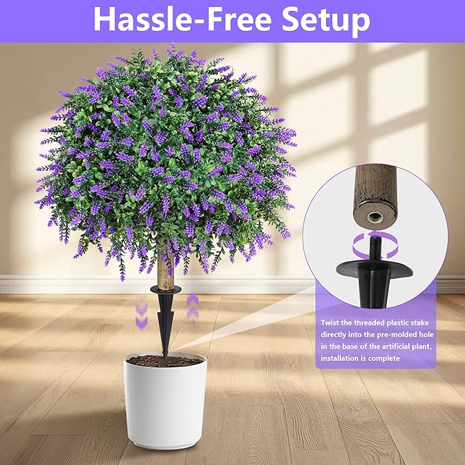 HyeFlora 26'' Artificial Topiary Boxwood Ball Trees with Lavender 2 Pack Fake Plants for Outdoor Indoor Artificial Shrubs with Ground Spike UV Resistant Fake Bushes for Front Porch Garden (Purple)