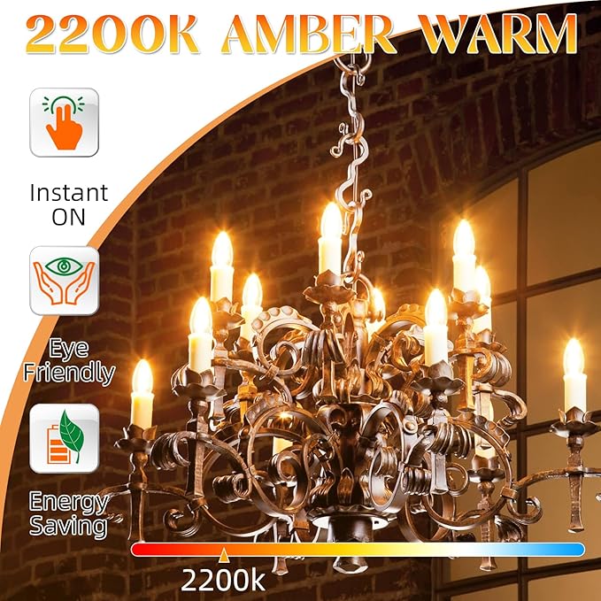 LED Candelabra Light Bulbs,4W, 40 watt Equivalent, E12 Bulb Non-Dimmable, 2200K Amber Warm Chandelier Bulb, B10 Candle Light Bulb, 90+CRI, 400LM, Amber Glass Finish, 6 Pack