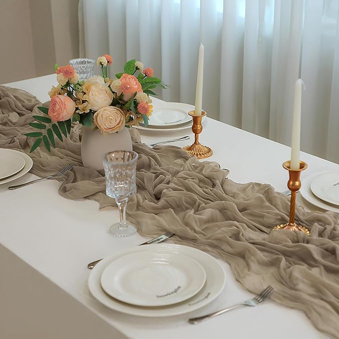 Snowkingdom 10 FT Light Brown Tan Christmas Cheesecloth Table Runner, 120 inch Long Boho Rustic Gauze Sheer Runner for Wedding Baby Shower Birthday Xmas Holiday Party Decorations