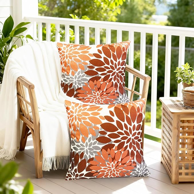Decorative Throw Pillow Covers Set of 2 Brown Coffee Pillow Covers 22x22 Inch Couch Pillow Covers for Sofa Living Room Outdoor Throw Pillow Cover Linen Floral Flower Farmhouse Pillowcase