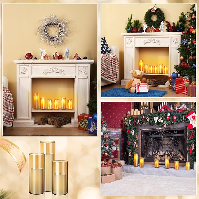 Shihanee 36 Pcs Pillar Candles and Glass Cylinder Vases Tall Cylinder Holders for Pillar Candles Wedding Centerpieces, Total 18 Sets(2.6'' X 4.7'', 5.9'', 7.9'',Amble,Ivory White)
