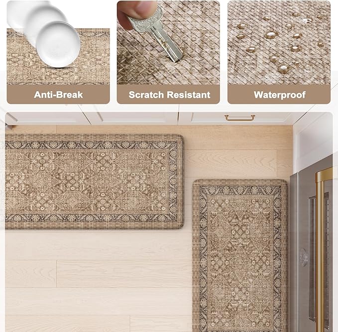KIMODE Anti Fatigue Kitchen Mat, Cushioned Boho Kitchen Runner, Non Slip Memory Foam Kitchen Mat for Floor, Waterproof Standing Desk Mat for Laundry, Office, Sink Brown 17.3"x59"