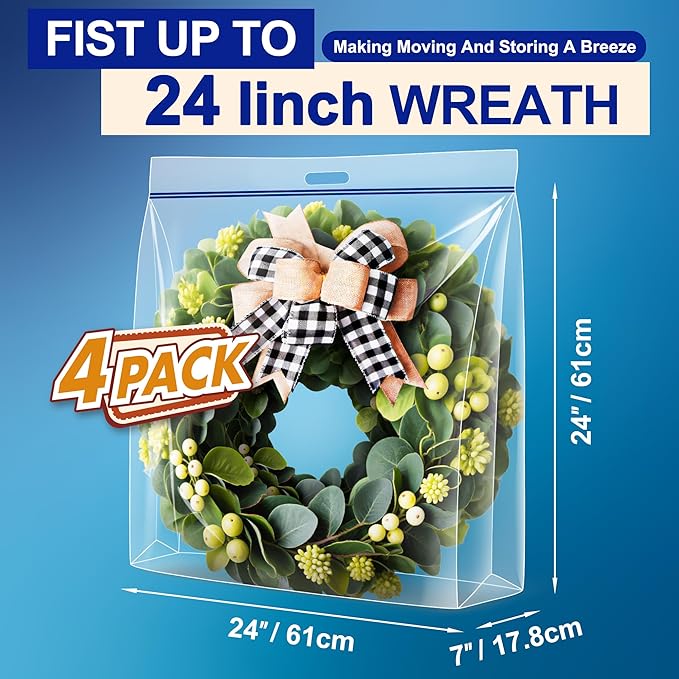 Extra Large Wreath Storage Bag, 24"x24"x7", Clear Storage Bag with Handle, Summer Christmas Decoration Garland Container for Seasonal Thanksgiving Holiday Artificial Wreath, 4 Pack