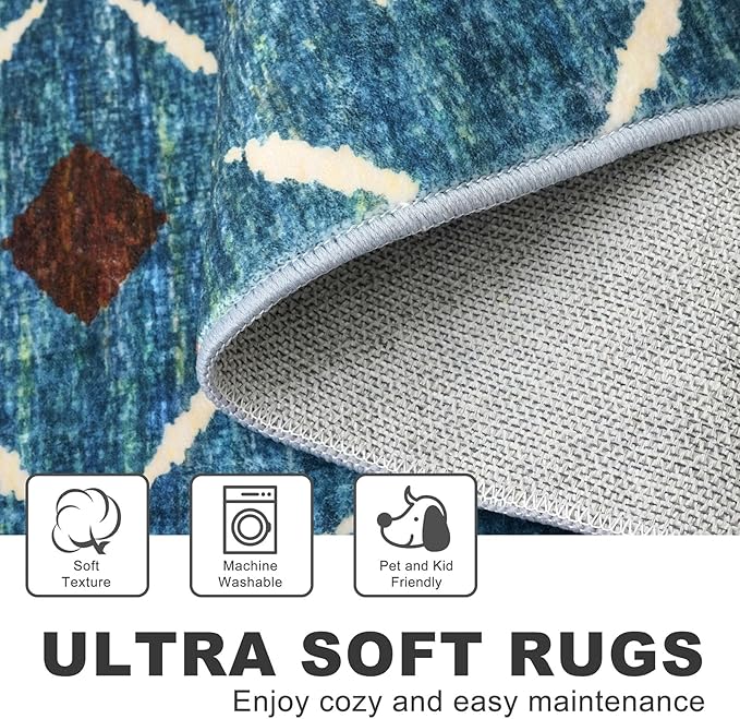 KILOCOCO Hallway Runner Rug 2.6'x8' Runners for Hallways Washable Runner Soft Non Slip Printed Geometric Low-Pile Rugs Runners for Bedroom Kitchen Living Room Boho Rugs, Teal/Blue