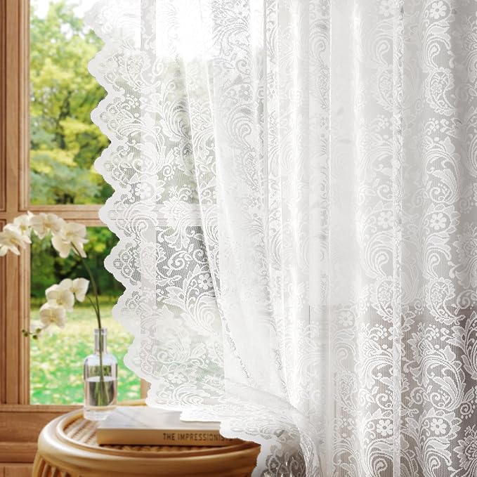 Pure White Lace Semi-Sheer Curtains 2 Panels – Vintage Floral Lace for Bedroom/Kitchen, Privacy Light Filtering Rod Pocket Window Drapes, Elegant Chic Window Treatments, 52W x 45L Inch