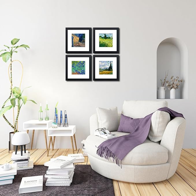 8x8 Picture Frame Set of 4 Made of Solid Wood Photo Frame with Real Glass for Pictures 5x5 with Mat or 8x8 Without Mat, Wall Mount or Tabletop Gallery Photo Frames in Black