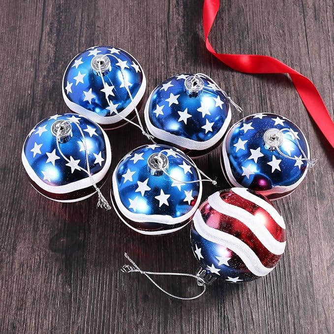 6pcs 3-1/4" (80mm) Patriotic Christmas Ball Ornament, American Flag Hanging Ball, USA Independence Day Fourth of July Ball Party Decor, Holiday Wedding Christmas Tree Decorations