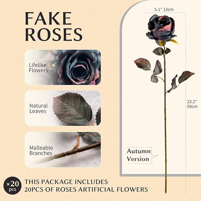 Artificial Flowers 20PCS Artificial Roses 23.2In Fake Roses Long Stem Artificial Flowers for Tall Vase Silk Rose Autumn Suitable for Indoor Decoration Wedding Party Decor DIY Bouquet,Dark Blue
