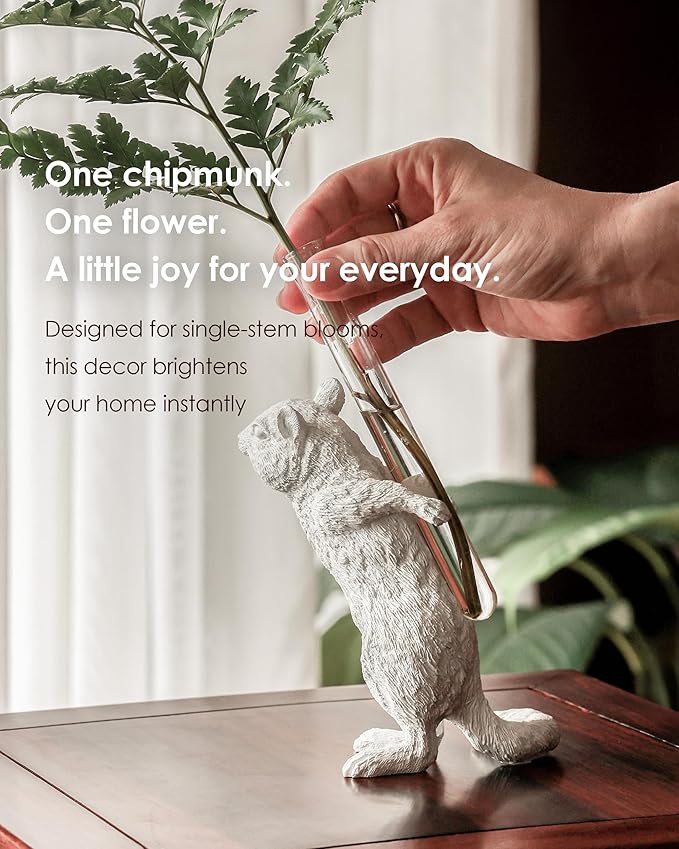 Whimsical Chipmunk Decorative Vase - Handcrafted Art, Realistic Charm, White Vases for Flowers, Modern Single Flower Vase, Perfect Living Room Decor, Unique Gift for Wife