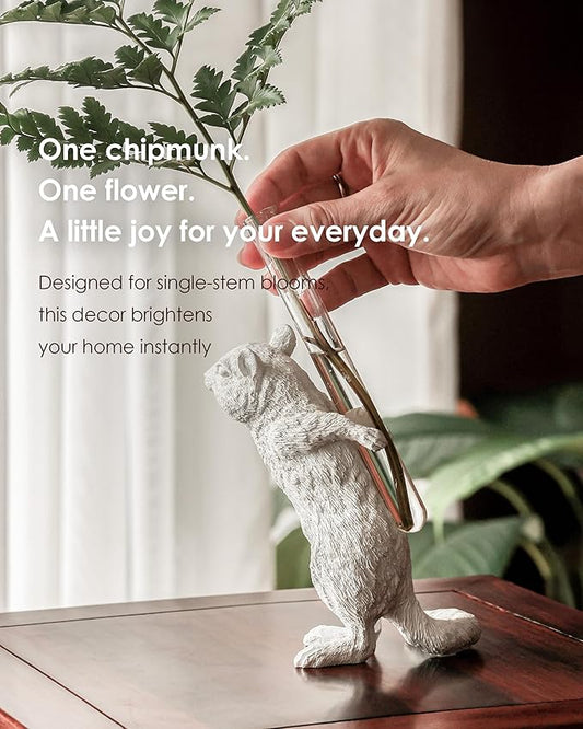 Whimsical Chipmunk Decorative Vase - Handcrafted Art, Realistic Charm, White Vases for Flowers, Modern Single Flower Vase, Perfect Living Room Decor, Unique Gift for Wife