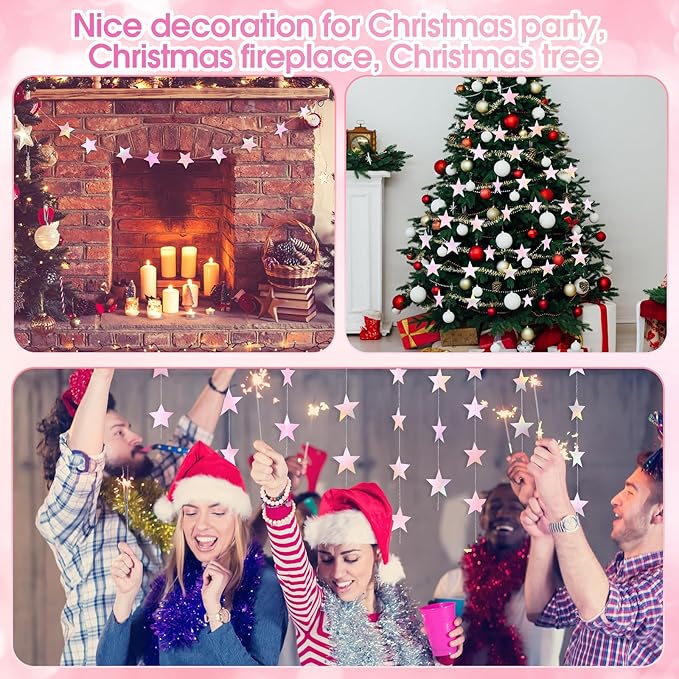 Patelai Glitter Star Garland Banner 2026 New Years Decor 130 Feet Star Hanging Banner Twinkle Backdrop for Birthday Classroom Wedding Christmas Party Supplies(Iridescent Pink)