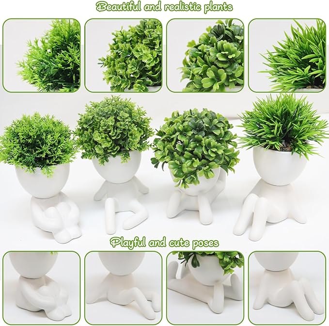 MAKHOT 4 Packs Creative Fake Plants Artificial Succulents Plants in Ceramic Human Shaped Pots, Cute Faux Succulents Mini Plant for Room Bathroom Home Office Desk Accessories Decor(White)