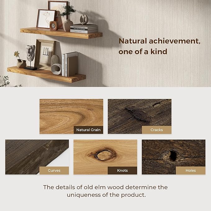 55 Inch Floating Shelves for Wall, Solid Elm Wood Wall Shelf for Home Decor, 8 Inch Deep Floating Shelf for Storage, 55 x 8 Wooden Shelves for Bathroom Living Room Kitchen, Natural Color, Set of 1