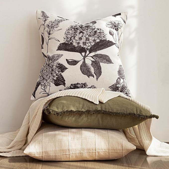 Foindtower Set of 2 Linen Floral Vintage Throw Pillow Covers Neutral Accent Print Decorative Cushion Covers Farmhouse Boho Home Decor for Sofa Chair Couch Bedroom Living Room,18×18 Inch,Black