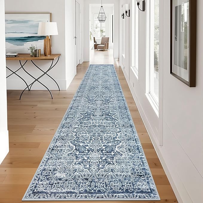 KUTA Vintage Floral Washable Runner Rug 2.6x12, Non-Slip Hallway Kitchen Rugs Blue White with Rubber Backing,Ultra Soft Printed Distressed Modern Extra Long 12ft Carpet Runners Indoor for Bedroom