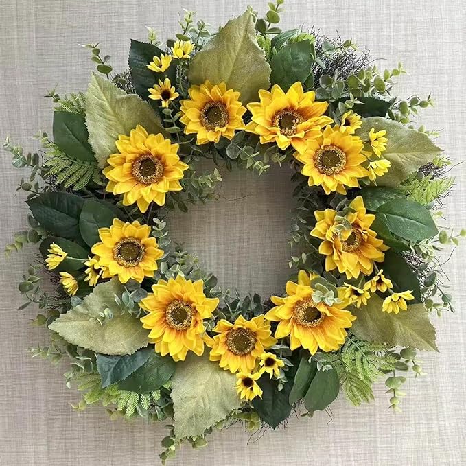 24 Inch Sunflower Wreath for Front Door – Artificial Spring Summer Wreath with Greenery, Ferns & Boxwood Leaves – Bright Yellow Floral Farmhouse Door Decor for Home Porch Wall Indoor Outdoor