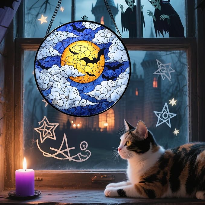 Stained Glass Window Hanging - Halloween Decorations Bats Moon Clouds Suncatcher for Doors Garden Indoor Spooky Funny Sun Catchers Gothic Decor Horror Gifts for Women Men Friend 9.8 in